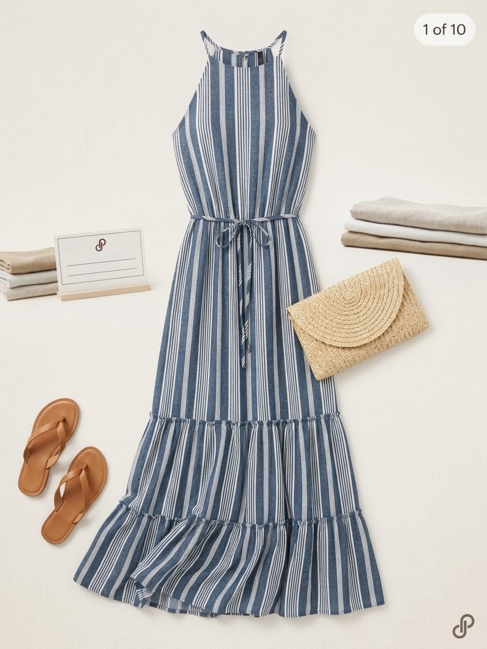 Max + Ash Blue White Vertical Striped Tiered Halter Maxi Dress Medium